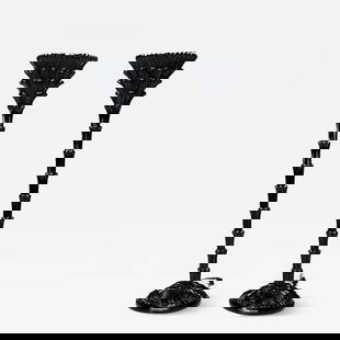 Serge Roche Style, Mid-Century Modern, Palm Leaf Floor Lamps, Black Lacquer: Description: Serge Roche Style, Hollywood Regency, Modern Palm Leaf Floor Lamps, Torchieres, Black Lacquer Pair of carved wood floor lamps in the manner of Serge Roche. Each example is comprised of ha