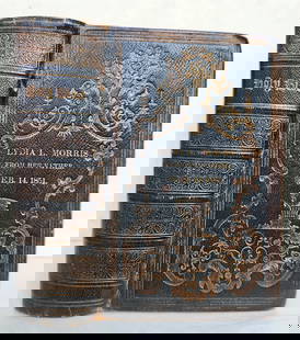 1848 BIBLE in ENGLISH antique NEW YORK AMERICANA: HOLY BIBLE New York; 1858 Size 4 by 5 3/4 inches Original embossed calf, gilt upper edge Original owner's name "Anne Morris" and date - 1859 on the front cover Binding worn, good interior, a few small