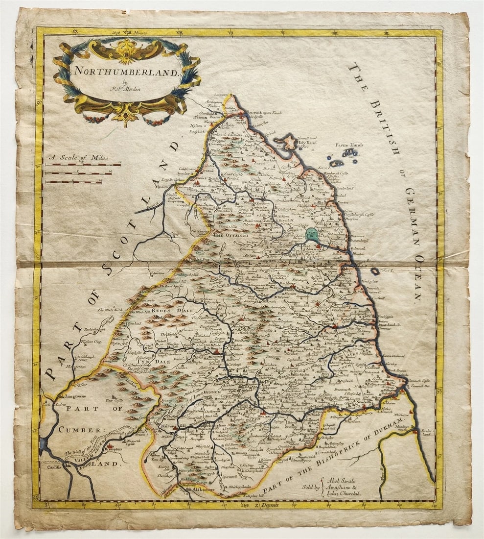 1700s MAP of NORTHUMBERLAND ENGLAND antique: NORTHUMBERLAND by Rob. Morden London, c. early 1700s Hand colored A map of Northumberland but also showing Cumberland in order to show the length of Hadrian's Wall from Newcastle to the Solway Firth.
