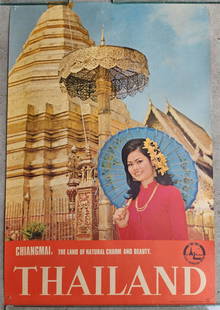 1960s THAILAND TRAVEL POSTER vintage CHIANGMAI LAND OF NATURAL CHARM & BEAUTY: THAILAND TRAVEL POSTER CHIANGMAI THE LAND OF NATURAL CHARM & BEAUTY c. 1960s Size 16 1/4 by 24 1/4 inches Very good condition, pin holes in the corners Reserve: $69.00 Shipping: Domestic: Flat-ra