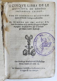 1550 FIVE BOOKS of ANTIQUITIES of Beroso a Chaldean priest antique VELLUM BOUND: Nanni, Giovanni : I cinque libri de le antichita de Beroso sacerdote Caldeo. ( The five books of the antiquities of Beroso, a Chaldean priest ) In Venice, Baldissera Constantini; 1550 (10), 295, (1) l