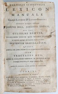 1791 GREEK LATIN DICTIONARY antique LEXICON MANUALE Graeco-Latinum: Cornelii Schrevelii LEXICON MANUALE Graeco-Latinum & Latino-Graecum London; 1791 Size 5 1/2 by 8 1/3" Original leather binding, worn Very good interior condition, minor foxing, worn binding Text in Gr