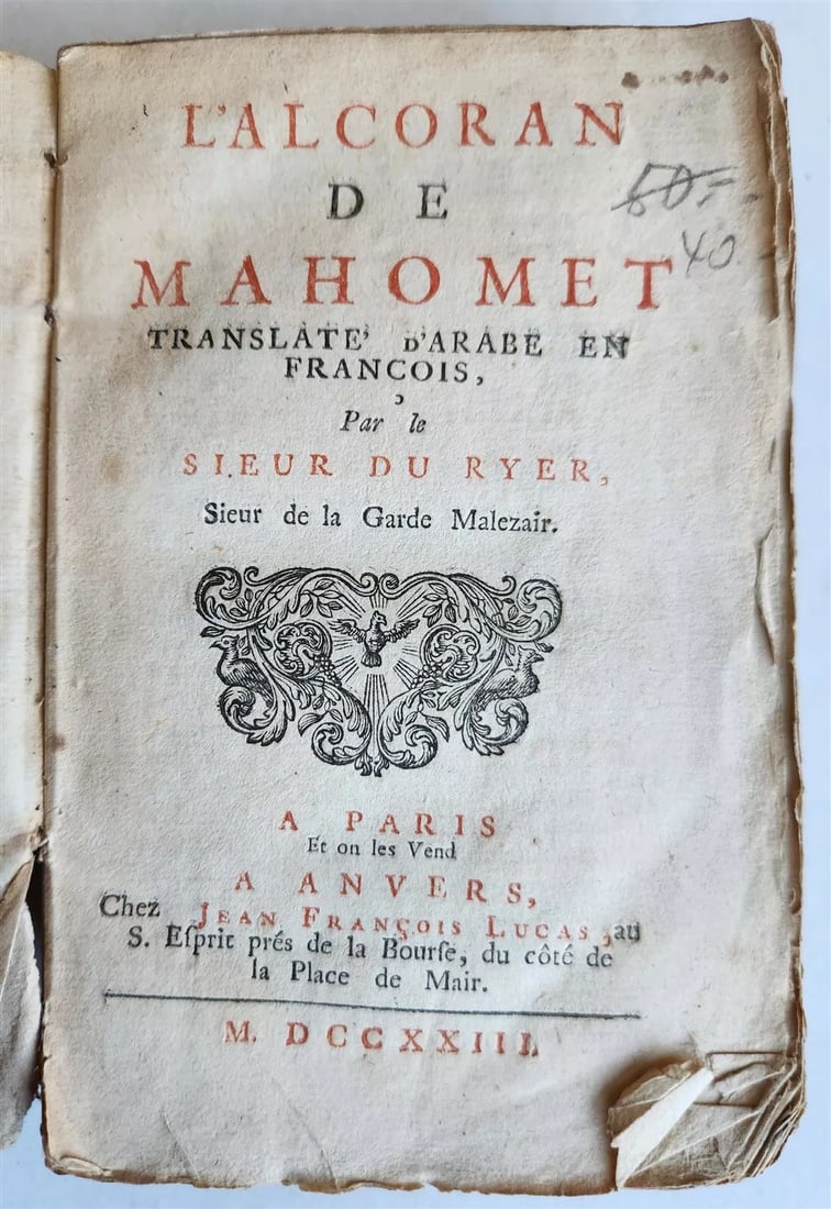 1723 KORAN in FRENCH antique L'Alcoran de Mahomet QURAN: L'Alcoran de Mahomet. Translate d'Arabe en francois par le Sieur du Ryer, Sieur de la Garde Malezair. Paris & Antwerpen, Jean Francois Lucas ; 1723 3 lvs., 485 pp., 3 pp. Original marbled paper wrap,