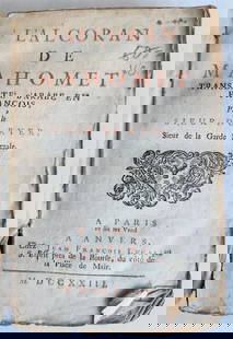 1723 KORAN in FRENCH antique L'Alcoran de Mahomet QURAN: L'Alcoran de Mahomet. Translate d'Arabe en francois par le Sieur du Ryer, Sieur de la Garde Malezair. Paris & Antwerpen, Jean Francois Lucas ; 1723 3 lvs., 485 pp., 3 pp. Original marbled paper wrap,