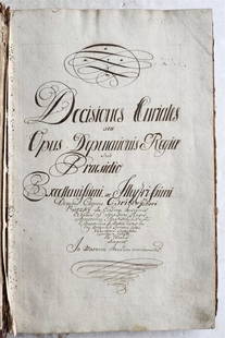 1769 LAW MANUSCRIPT in LATIN antique FOLIO 200 pages COURT DECISIONS: Decisiones Curiales seu opus deputationis regiae sub praesidio... Latin manuscript on paper, 1769 Folio: 9.5 by 14.5 inches 5 leaves, 191 pages Original cardboard binding, worn. Very good interior con