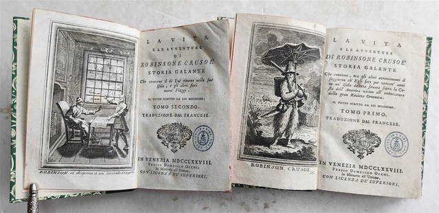 1778 ADVENTURES of ROBINSON CRUSOE by DANIEL DEFORE antique 2 VOLUMES: La vita e le avventure di Robinsone Crusoe. Storia galante. by DANIEL DEFORE 2 vols. Venice, D. Occhi; 1778 With 2 engraved frontispieces. VIII, 272 pp.; 310 pp. Size 4 3/4 by 6 3/4" Modern bindings u