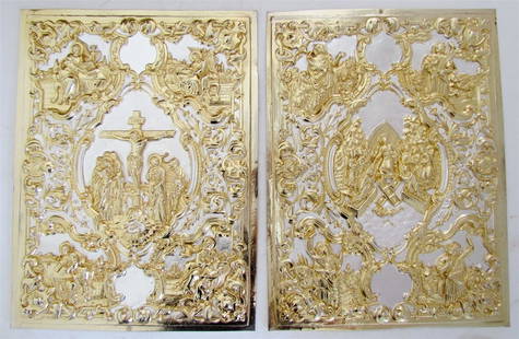 GREEK RUSSIAN ORTHODOX CHURCH GOSPEL GILT BRASS COVERS folio: Vintage, not an antique. Size 11 by 14.5" Excellent condition Reserve: $250.00 Shipping: Domestic: Flat-rate of $25.00 to anywhere within the contiguous U.S. International: Foreign shipping rates are