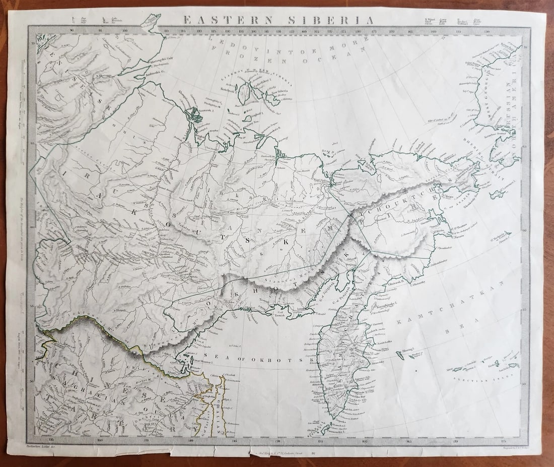 1848 MAP RUSSIA antique EASTERN SIBERIA: MAP of EASTERN SIBERIA. Kamtchatka Yakutia Chukotka Khabarovsk. Antique steel engraving Cartography by Piadischev, Lutke, etc engraved by J. & C. Walker Printed by Charles Knight; [1848] size (includi