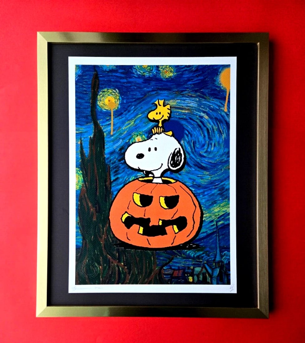 Death NYC Large Framed 16x20in Pop Art Hand Signed SNOOPY HALLOWEEN COA #8: Up for Sale this Beautiful and Scarce Print by Pop Art Graffiti Master Artist Death NYC Hand Signed in Pencil Numbered X/100 or Artist Proof This piece is mounted on a 20 x 16 in. black acid free blac