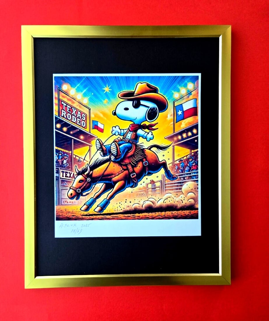 AIDAN FLUX | Hand Signed Print Framed Edition (69) COA SNOOPY AT TEXAS RODEO (1 of 2)