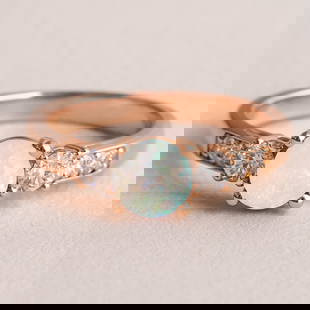 Classic Three-Stone Ethiopian Welo Opal & Diamond Ring in 14K Rose Gold: Title: Classic Three-Stone Ethiopian Welo Opal & Diamond Ring in 14K Rose Gold Description: Classic Three-Stone Ethiopian Welo Opal & Diamond Ring in 14K Rose Gold Jewelry Type : Ring Gemstone : Opal