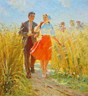 Krisachenko Anatoly (Ukrainian artist), "In a wheat field", oil on canvas: ARTIST: Krisachenko Anatoly Petrovich, Ukrainian artist TITLE: "In a wheat field" SIZE: 142 x 130 cm, (56 x 51 1/4 in.) MEDIUM: oil on canvas YEAR OF CREATION: not dated CONDITION: The painting is in
