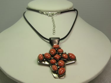 Sterling Coral Cross Pendant, Jay King, 24" Black Cord Necklace