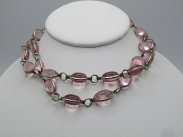Vintage Pink Lucite Clear Beaded Necklace, Signed  TWC Sisters, 1980's