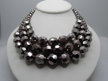 Vintage Titantium Toned Beaded Necklace, Triple Strand, 19", 1980's-1990's