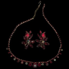 Vintage Red Rhinestone Statement Necklace and Earring Set