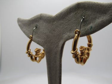 Vintage Claddagh Hoop Earrings, Pierced, 1990's, 1.25"