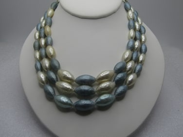 Vintage Blue & White Faux Pearl Necklace, Triple Strand, 16", 1940's-1950's