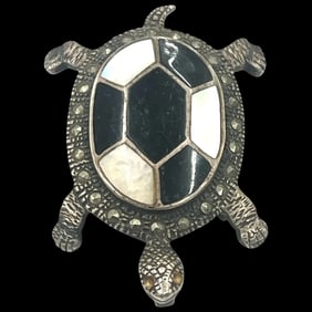 Vintage Sterling Silver Marcasite, Onyx, and Mother of Pearl Pendant/Brooch Turtle