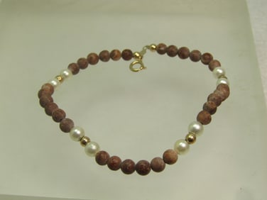Vintage 14kt Cultured Pearl/Agate Bracelet, 7", 1980's