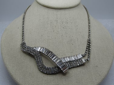 Mid-Century Rhinestone Bib Necklace, 17", Criss-Cross  Baguettes and Round Stones