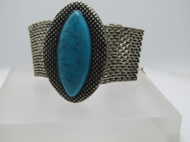Vintage Faux Turquoise Wide Mesh Bracelet, 7.5"-9.5"  Southwestern Themed. 1980's