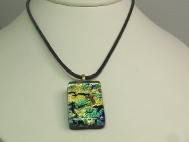 Vintage Green/Gold Murano Glass Necklace, Signed, 1990's, 18"-20"