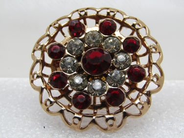 Vintage Red & Clear Filigree Framed Brooch, 1960's, 1.25"