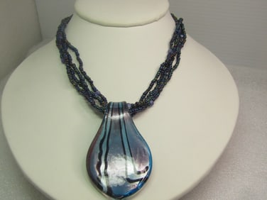 Art Glass Curved Pendant Multi-Strand Necklace, 20", Peacock Seed Beads. 1980's-1990's