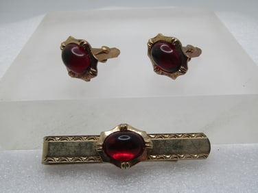 Vintage Red Glass Tie Bar & Cufflinks Set, 1940's