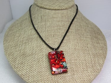 Vintage  Red/Gray/Gold Floral Murano Glass Necklace, Signed, 1990's, 18"-20"