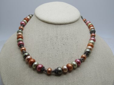 Vintage Sterling Tahitian Pearl & Silver Beaded Necklace, 17", Toggle Clasp, 1990's