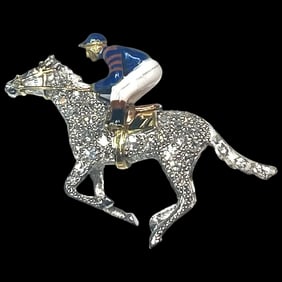 Stunning Estate 18k Gold and Diamond Horse with Enamel Jockey Brooch/ Pin