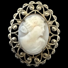 Vintage Shell Cameo Filigree Brooch