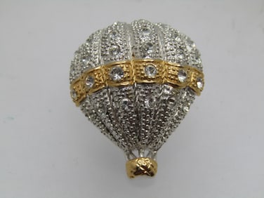 Vintage Hot Air Balloon Rhinestone Brooch,  1980's, Signed Roman