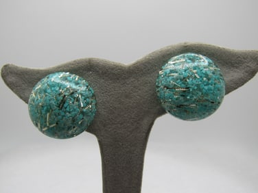 Vintage Aqua & Silver Glitter Earrings, Clips, 1940's-1950's