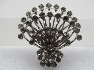 Vintage Clear Rhinestone Cluster Brooch/Pendant, Curved Rays, 1960's