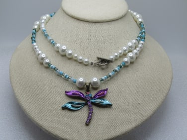 Vintage Rhinestone Dragonfly Faux Pearl Necklace, Aqua Glass Beads, 32" Toggle, 1980's-1990's