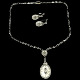 Art Deco Platinum Crystal and Diamond Necklace and Earring Set