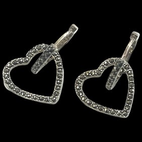 Estate Sterling Silver Marcasite Heart Hoop Earrings