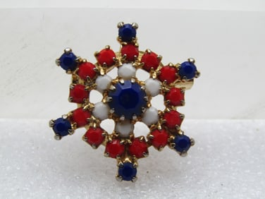Vintage Red, White, Blue Glass Wheel Brooch, 1960's-1970's