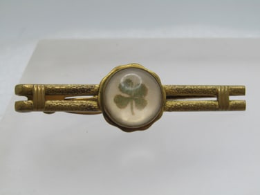 Vintage Real 4-Leaf Clover Tie Bar, Signed Hickok, 1940's-1950's