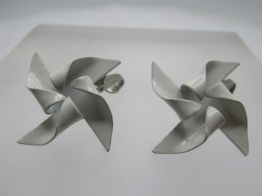 Vintage White Enameled Pinwheel Earrings, Clip, 1950's-1960's