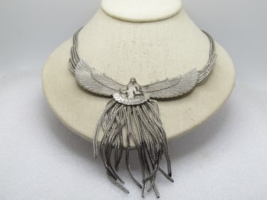 Vintage Wide Wing Eagle Necklace, Tassel Drop. 17", 1980's