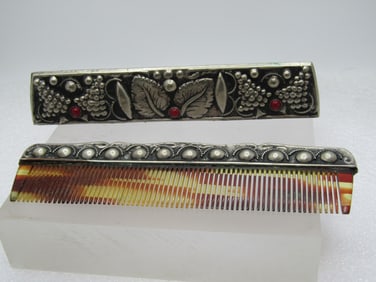 Vintage Silverplated Repousse Comb Case & Comb, Grapes & Leaves, Red Rhinestones, Mid-Century