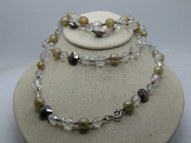 Vintage Faceted Crystal Beaded Necklace, 48", Gold Tone Crackle Beads and More, 1940's-1950's