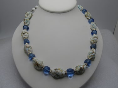 Vintage Dimpled White & Blue Beaded Necklace, 19", 1940's-1950's