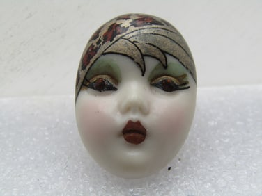 Vintage Flapper Girl Painted Brooch, Signed Adagio, Rhinestone Eyes, 1980's