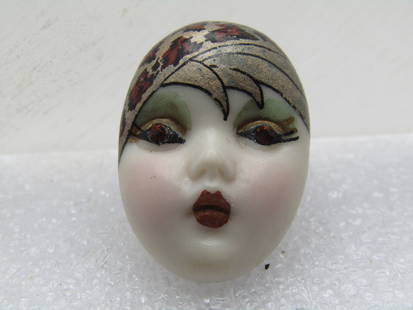 Vintage Flapper Girl Painted Brooch, Signed Adagio, Rhinestone Eyes, 1980's: Vintage Flapper Girl Painted Brooch, Signed Adagio, Rhinestone Eyes, 1980's. Hand painted oval face brooch with flapper headwear, rhinestone eyes and pink cheeks with deep red lips. The brooch is oval