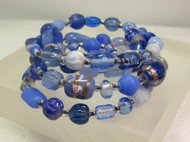 Vintage Coiled Blue Glass Mixed Beaded Bracelet, Adjusts to Most Sizes, 1990's